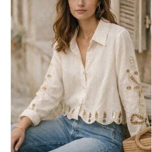 Christian Lacroix Ivory Linen Blend Embroidery Cropped Blouse Women's Medium